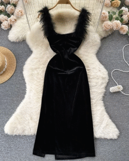 Fur Patchwork Straps Velvet Bodycon Dress