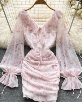 Sexy Hips Long Sleeve Floral Print Mini Dress