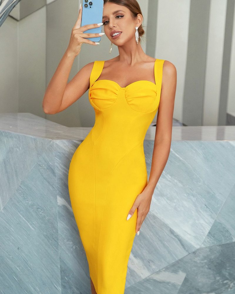Yellow Bodycon Bandage Dress Sexy Tank Sleeveless Draped Evening Club