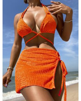 Orange Special Fabric Three Pieces Halter Drawstring Bikini Set With Mesh Skirt Swimwear