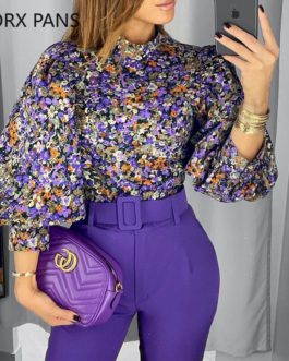 Floral Print Lantern Sleeve Top Tops and Blouses