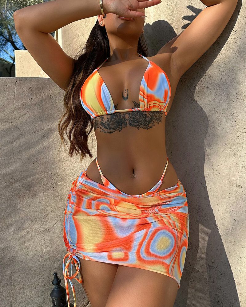 Tie Dye Three Pieces Drawstring Triangle Bikini Set With Mesh Skirt