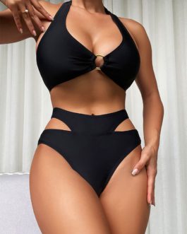 High Waist Swimsuit Sexy Black Halter Backless Bikinis