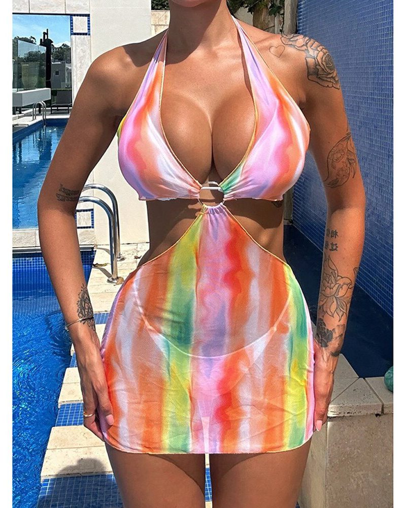 Tie Dye Three Pieces Micro Bikini Set Cover Up Halter Bandage Swimwear