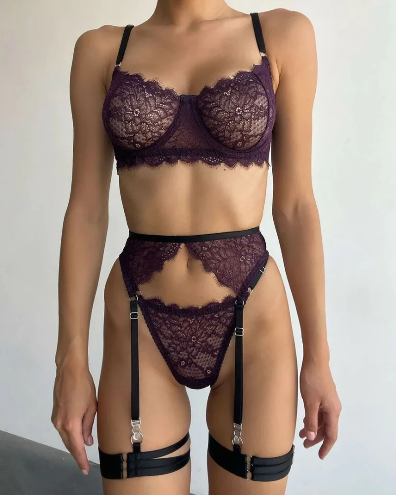 Lace Lingerie Seamless Female Underwear 3-Piece Garter Fancy Transparent Bra And Panty Set