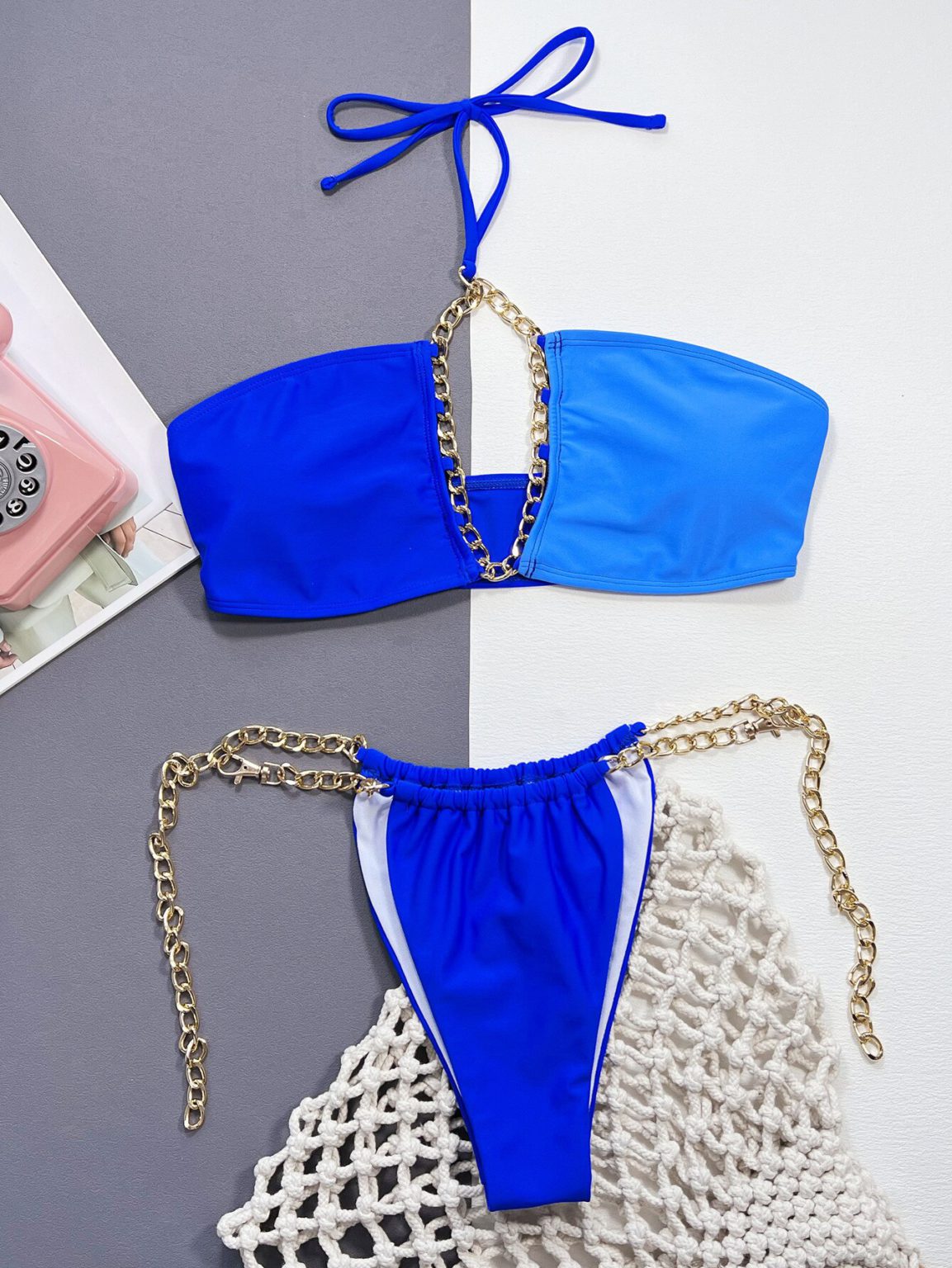 Chain Bikini Set Blue Two Pieces Backless Bathing Swimsuit Power Day Sale