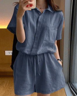 Casual Short Sleeve Waisted Loose Jumpsuit