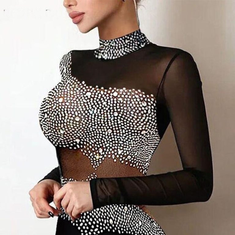 Elegant Rhinestone Sheer Mesh Bodycon Dress Power Day Sale 9734