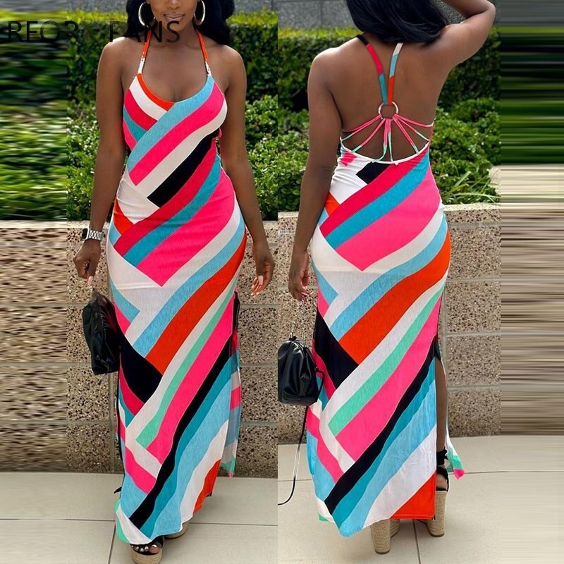Elegant Allover Print Spaghetti Straps Halter O-ring Backless High Silt Maxi Dress