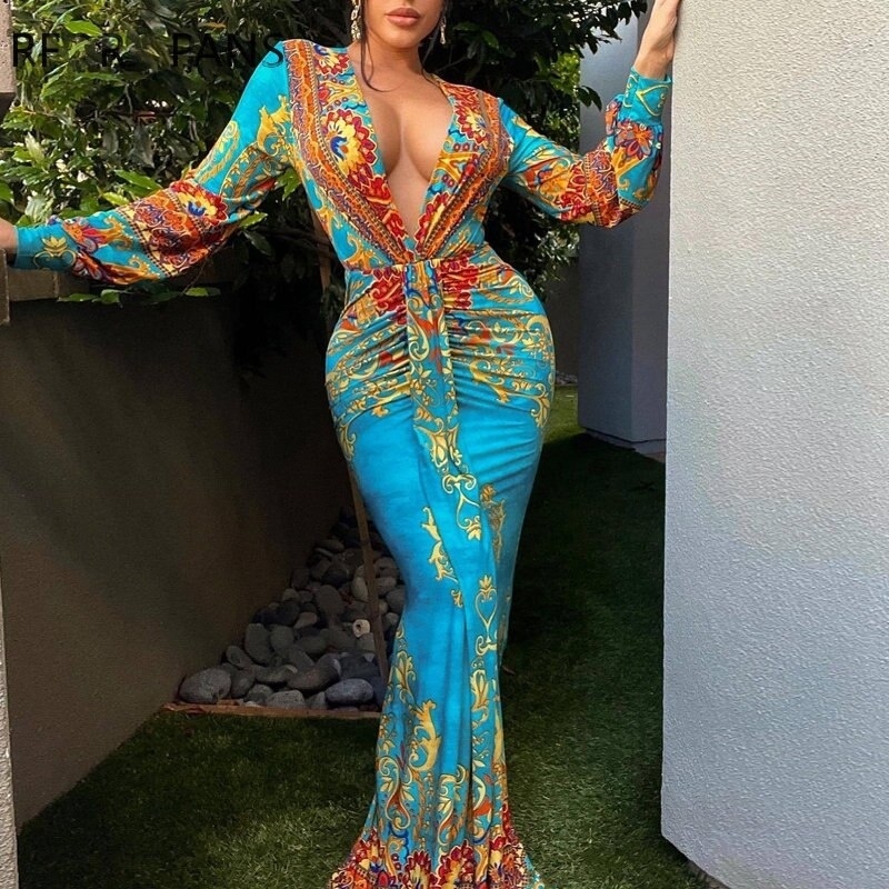 Elegant Deep V Neck Print Maxi Beach Party Vacation Dress