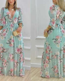 Elegant Deep V Neck Floral Print Ruffles Maxi A-Line Long Dress