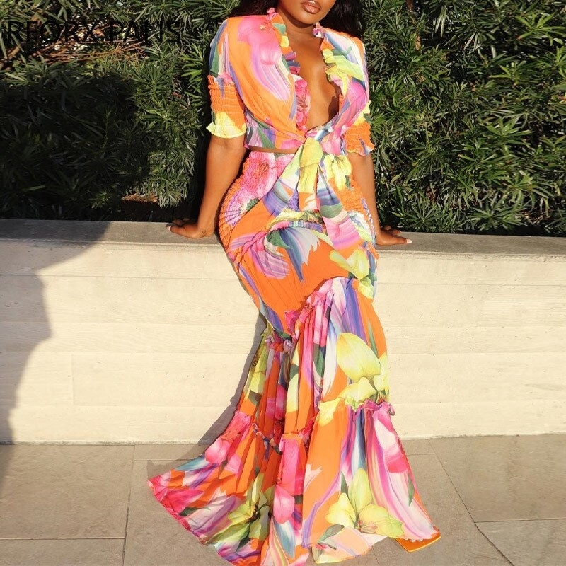 All Over Print Floral Pattern Crop Half Long Sleeves Folds Maxi Skirt Sets