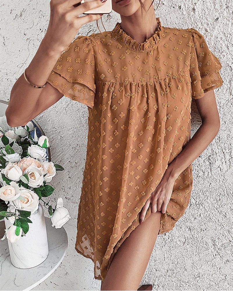 Summer Sweet Solid Ruffles Short Sleeve Stand Collar Jacquard Short Dresses