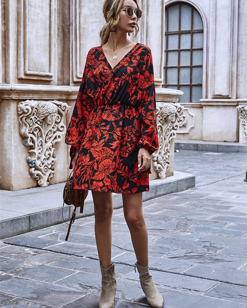 Puff Sleeve Ruffle High Waist Floral Print V-neck Lace Up Full Sleeve A-line Dress