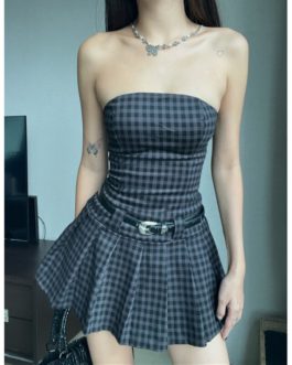 Plaid A-line Mall Strapless Dresses Grunge Off Shoulder Slim Dress