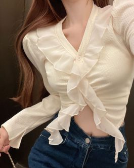 Korean Style Sweet Blouses Spring Long Sleeve Ruffles Shirts