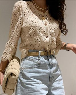 Lace Tops Fashion Hollow Out Shirt Casual Vintage Long Sleeve Blouses