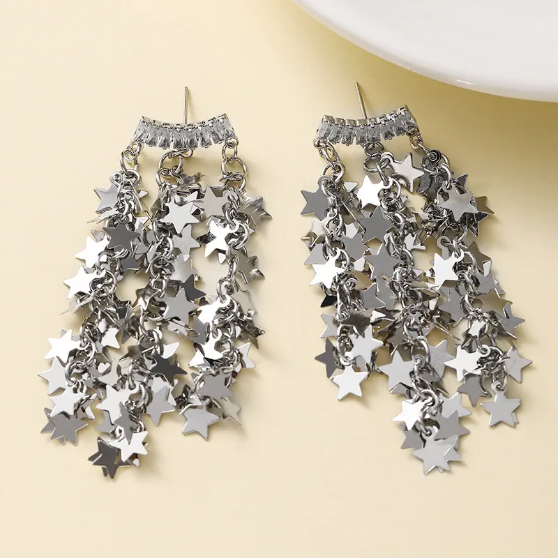 Super Shiny Star River Waterfall Star Zircon Tassel Earrings Light Metal