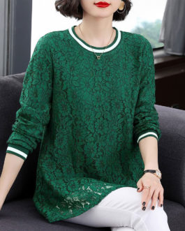 Fashion Floral Lace Midi Elegant Hollow Out Long Sleeve Spliced Shirt