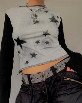 Vintage Long Sleeve Female Patchwork Pullovers Casual Basic Crop Top