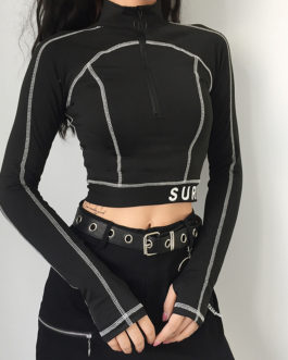 Korean Crop T-shirts Turtleneck Zipper Top Slim Long Sleeve Tees