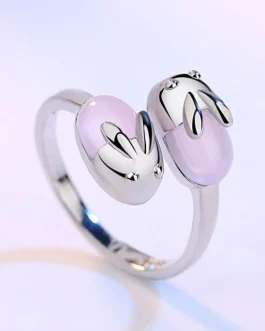 Little Silver and Purple Rabbit Rings Exquisite Lovely Opening Finger Ring