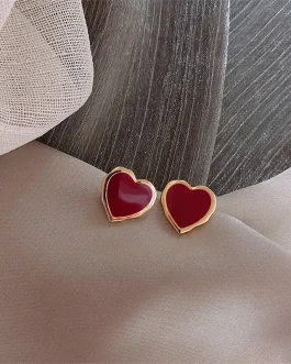 Trendy Sweet Burgundy Enamel Heart Gold Color Metal Love Earrings