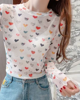 Heart Printed Transparent Mesh O-Neck Long Sleeve Basic Casual T-Shirt