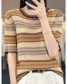Striped Casual Clothing Top Knitted Short Sleeve Tees