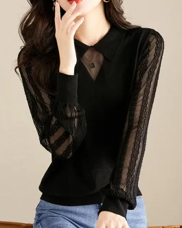 Long Sleeve Clothing Turn-down Collar Knitted T-shirts