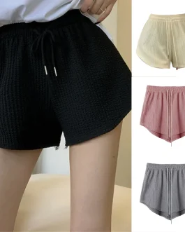 High Elastic Shorts Lace Up Solid Color Drawstring Wide Leg Sweat Shorts