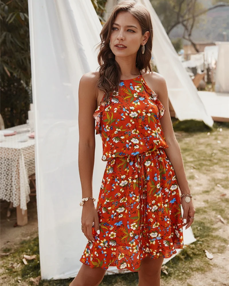 Summer  Slim Halter Print Casual Sleeveless Ruffles Above Knee Mini Floral Dress