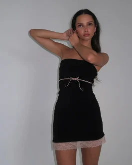 Lace Bow Off-shoulder Black Summer Tube Dress Party Club Mini Dress