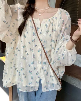 Sweet Casual Shirts Fashion Floral Tops Loose Long Sleeve Blouses