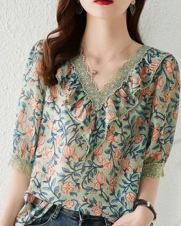 Vintage 3/4 Sleeve Printed All-match Fashion Single-breasted Round Blouse