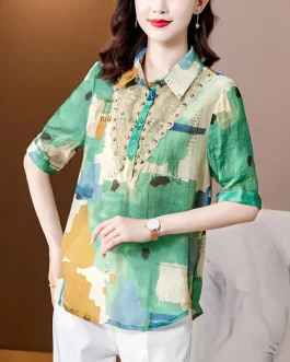 Vintage Printed Polo-Neck Shirt All-match Loose Short Sleeve Blouse