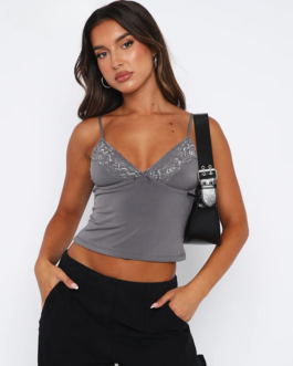 Gray Elegant Casual Sleeveless V Neck Lace Backless Crop Tops