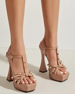 T-Strap Riveted Platforms High Heels Thick Heel Party Shoes