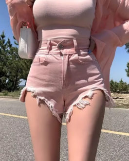 Casual Pink Denim Booty Bottoms Pants High Waists Shorts