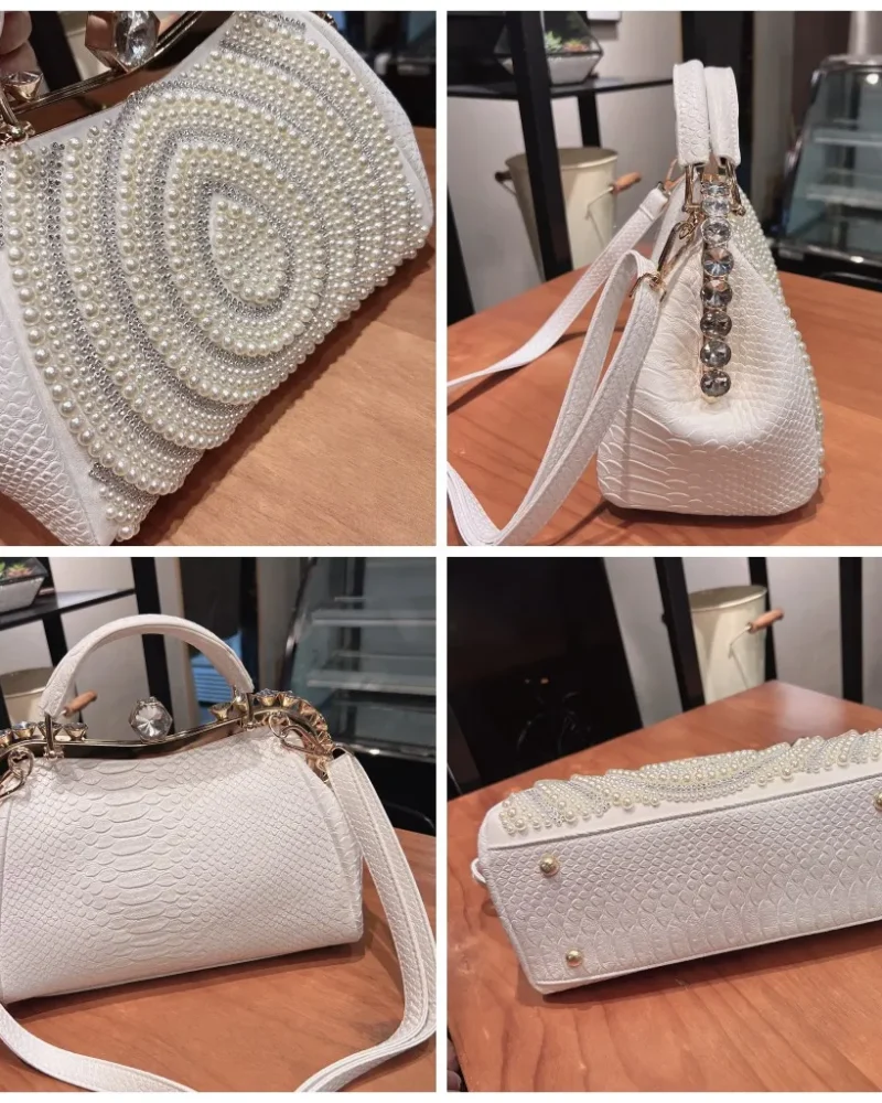 Genuine Leather Handbag Diamond Rhinestone Casual Pearl Clip Bag