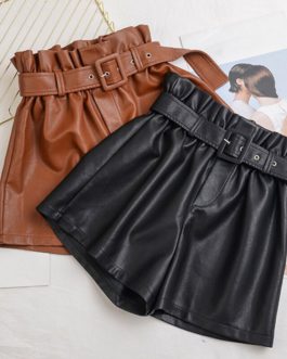 Faux Pu Leather Vintage High Waist All-Match Solid Color Loose Casual Shorts