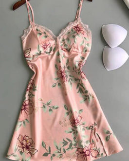 Floral Satin Print V-Neckline Lingerie Mini Dress