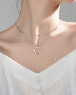 Double Chain Charm Moon CZ Choker Necklace