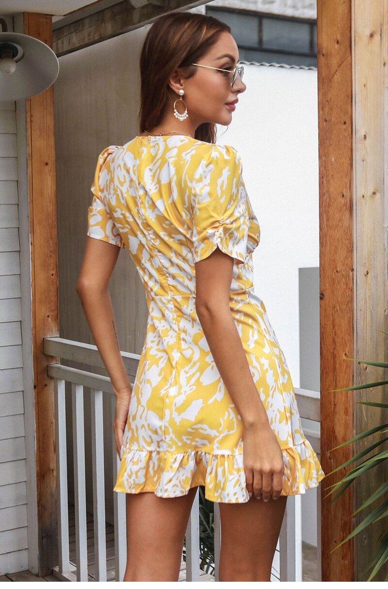 Summer Deep V Neck Short Sleeve Yellow Floral Mini Dress