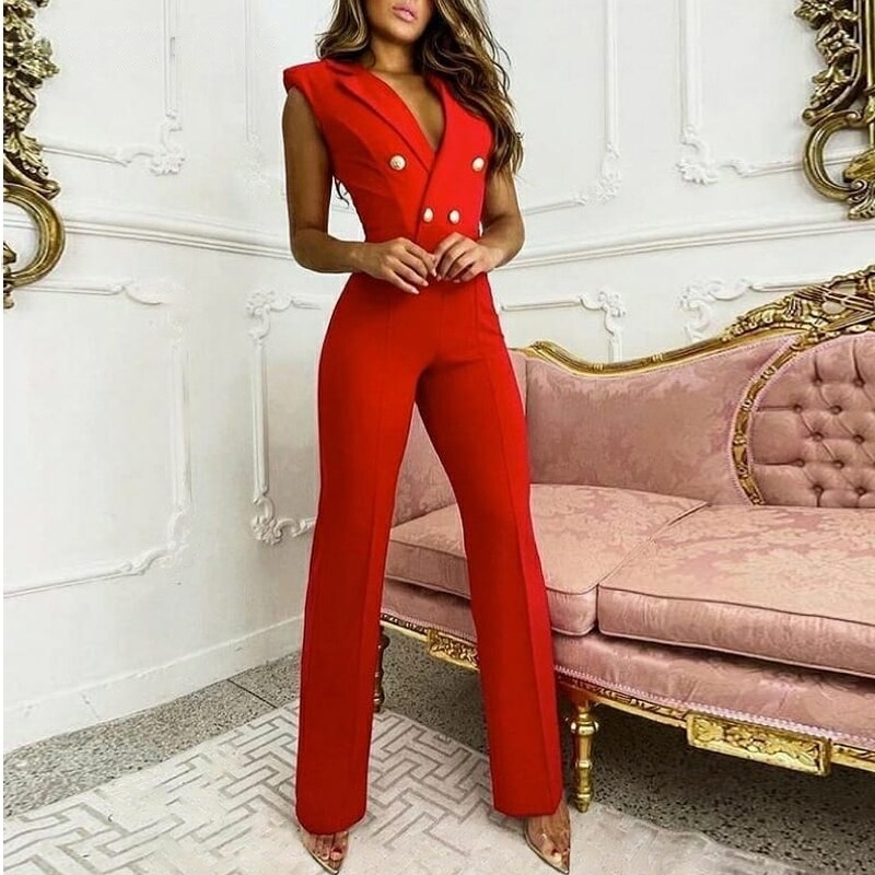 Solid Deep V neck Button Casual Tank Blazer Straight Red Jumpsuit