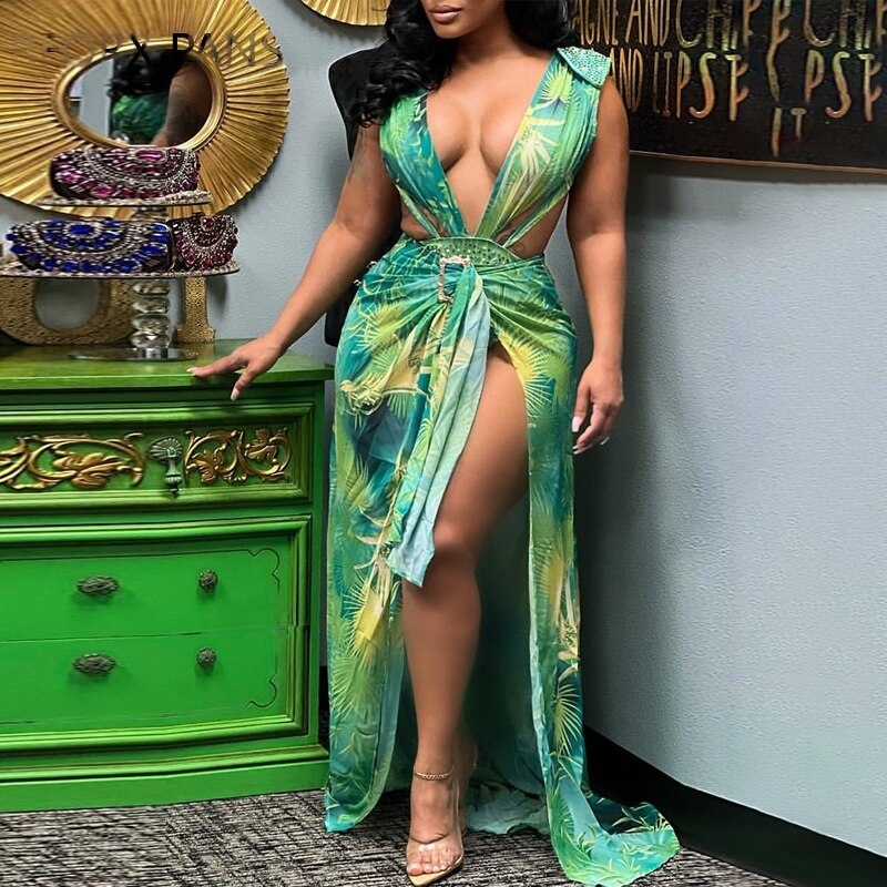 Elegant All Over Print Lace Up Rhinestone Backless Vacation Does Set