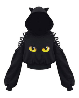 Black Long Sleeves Cat Pattern Hoodie