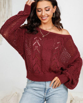 Burgundy Cut Out Long Sleeves Oversized Pullovers