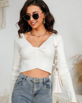 White Pleated V-Neck Long Sleeves Pullovers