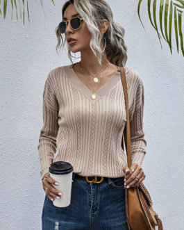 Apricot V-Neck Long Sleeves Cotton Sweaters Pullovers